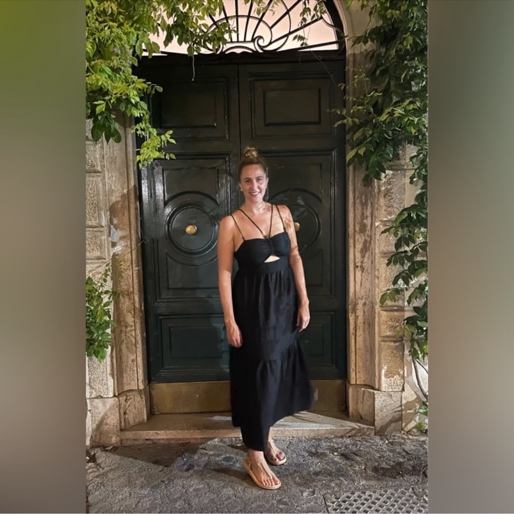 Jason Wu Black Linen Cut Out wooden Bead Strap  Midi Dress size Small